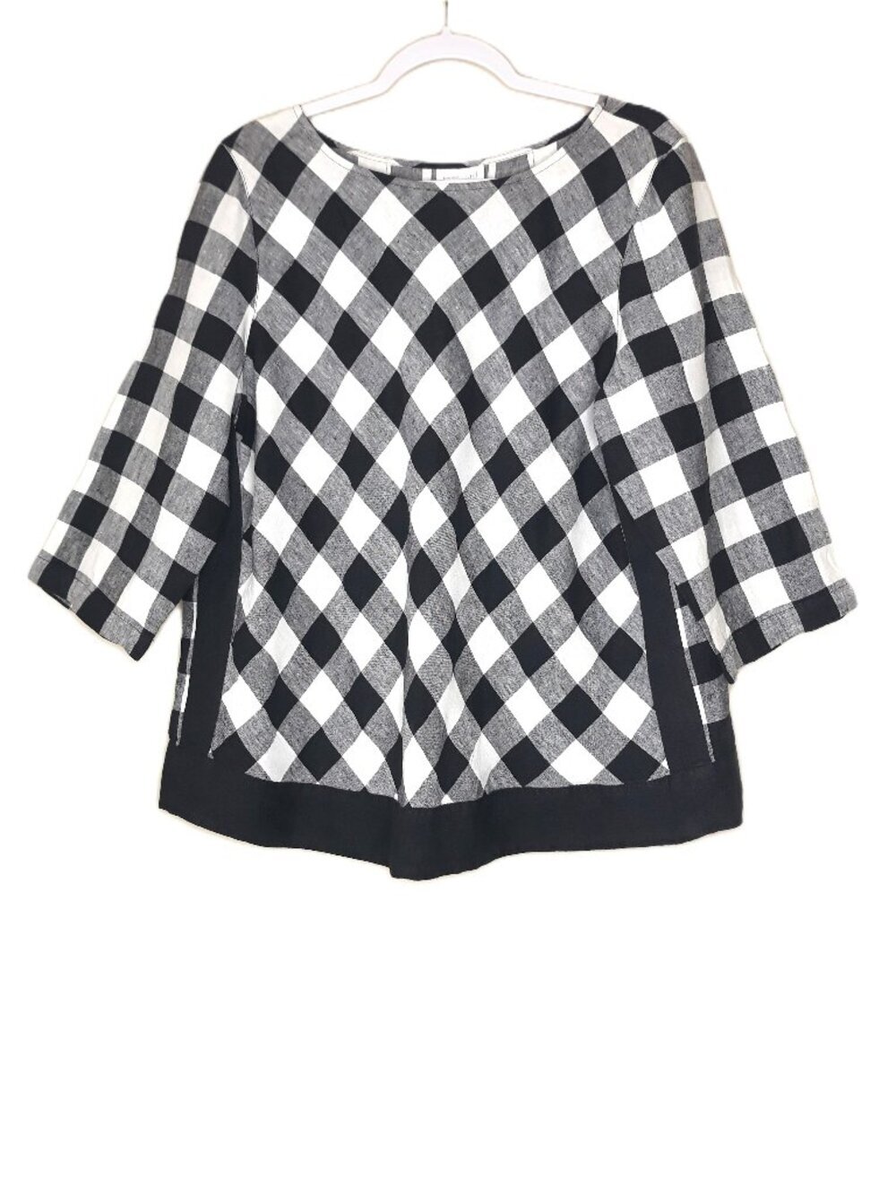 Love Linen Top Black Gingham Plaid 3/4 Sleeves Lagenlook